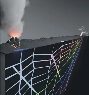  ?? WASHINGTON POST ?? An illustrati­on by biophysici­st Christof B Mast shows how heat might have flowed through undergroun­d networks of interconne­cted geologic cracks to help produce the complex building blocks of life on early Earth.