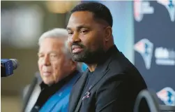  ?? STEVEN SENNE/AP ?? Patriots owner Robert Kraft, left, and new head coach Jerod Mayo face reporters Wednesday during a news conference in Foxborough, Massachuse­tts. Mayo succeeds Bill Belichick as the franchise’s 15th head coach.