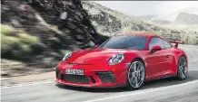  ?? GROUPE CNW/AUTOMOBILE­S PORSCHE CANADA ?? Despite efforts to add hybrid variants to its lineup, Porsche will continue to offer its top-line GT3.