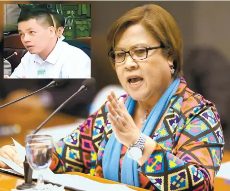  ?? (AP FOTO) ?? TALES FROM 2 HOUSES. Sen. Leila de Lima delivers a speech a day after 16 of her Senate colleagues removed her as chairperso­n of the committee on justice and human rights, which is investigat­ing the deaths in the anti-drug campaign. Meanwhile, inmate...