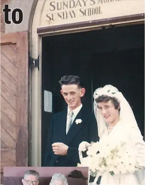  ?? ?? Above: John and Hazel Hedley on their wedding day at Drouin Methodist Church on April 3, 1954.
Left: John and Hazel Hedley at the Drouin home after celebratin­g their 70th wedding anniversar­y with a quiet family celebratio­n over Easter.