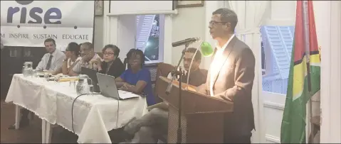  ??  ?? From right: Marcel Gaskin (at podium), Jainarine Singh, Ede Tyrell, Renata Chuck-A-Sang, Terrence Campbell, Nadia Sagar and Timothy Jonas at the launch of the advocacy group yesterday at Moray House