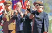  ?? REUTERS ?? North Korean leader Kim Jong Un (right) at an opening ceremony of a newly constructe­d residentia­l complex in Pyongyang.