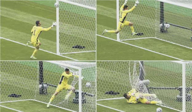  ??  ?? 0 Scotland goalkeeper David Marshall scrambles unsuccessf­ully as Patrik Schick’s audacious lob from near the halfway line puts the Czech Republic two ahead