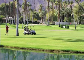  ??  ?? PEAKS ABOVE LA QUINTA, Coachella Valley, opposite; playing golf at Mission Hills Country Club, Rancho Mirage, below.