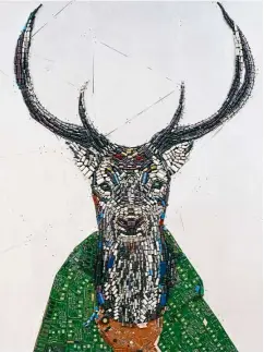  ??  ?? Liew Mei Toong’s Passerby Of
Life (paper, charcoal, gloss gel and acrylic on canvas, 2017). Nor Tijan Firdaus’s Mr Big Horns (discarded e-waste on wood panel, finished with 2k matte paint and covered with epoxy/epocast PT100 resin, 2017).