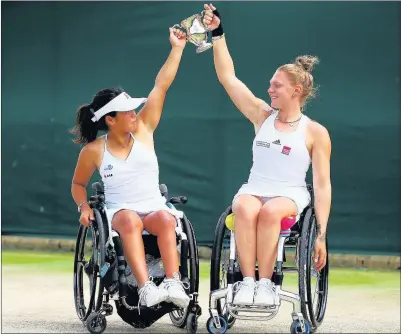  ??  ?? n WIMBLEDON WINNERS: Jordanne Whiley celebrates with Yiu Kamiji