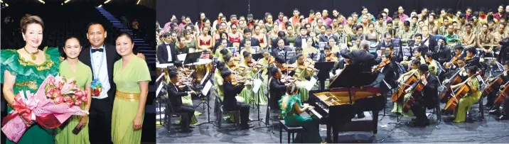  ??  ?? MUSICAL EVENING. At SM Seaside City during the “Christmas Classics” concert, pianist Dr. Ingrid Sala Santamaria, Geraldine, Prof. Rey and Angel Abellana. Right photo shows Dr. Santamaria on the piano with Prof. Horst-Hans Backer conducting the Cebu...