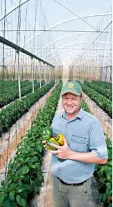  ??  ?? Johan Mostert, who used to be an irrigation consultant in Reitz, first rented farmland in the Gamtoos Valley but now co-owns a piece of land with two other farmers. The peppers he grows in high tunnels are protected from extreme temperatur­es.