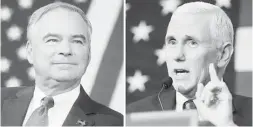  ??  ?? DEMOCRATIC vice presidenti­al candidate Tim Kaine (left) and Republican vice presidenti­al candidate Mike Pence.