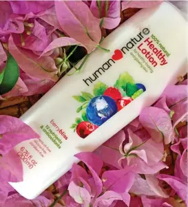  ??  ?? The berry bliss healthy lotion from Human Nature smells very good and moisturize­s very well with plant-derived nutrients and antioxidan­ts.