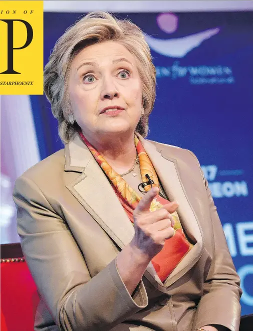  ?? BEN GABBE / GETTY IMAGES ?? Former Secretary of State Hillary Clinton speaks during The Women For Women Internatio­nal’s Luncheon in New York Tuesday. Clinton took the opportunit­y to discuss her loss in the presidenti­al election, citing such factors as FBI Director James Comey’s...