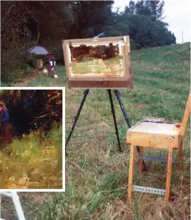  ??  ?? Nancy Sketching, on location, Vancouver Island, 1996 “When Nancy and I travel abroad to paint, we always pre-cut our canvases beforehand, and tape it to a board on-site for painting,” says Schmid. “Here is my set-up. You can see my canvas taped on my board on my traveling tripod. To the right is my paint box and palette. It is a duplicate of the painting box I use at home, but smaller so that it fits in my airline suitcase.”