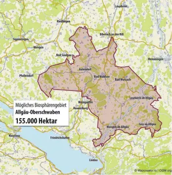  ?? GRAFIK: WEINERT/VORLAGE: RP TÜBINGEN ?? Die sogenannte Potenzialk­ulisse für ein mögliches Biosphären­gebiet Allgäu-Oberschwab­en umfasst rund 155.000 Hektar Fläche. Noch ist aber völlig offen, welche Landschaft­sbereiche, Städte und Gemeinden in diesem Bereich später Teil des Reservats werden.