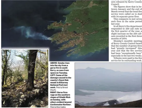  ??  ?? RIGHT: Gorse fires rage on the southern slopes of Sliabh Mish on Sunday, with others evident beyond Castlemain­e Harbour. ABOVE: Smoke rises into the sky from a gorse fire in south Kerry, as seen from space on Tuesday. LEFT: Some of the damage caused to...