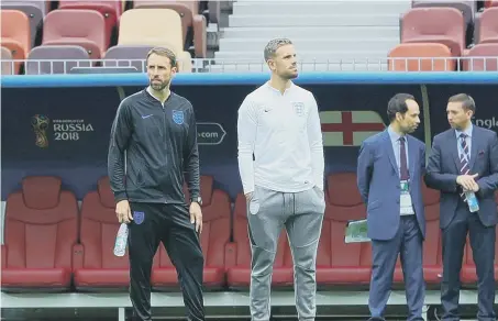  ??  ?? England manager Gareth Southgate and Jordan Henderson have a look around the Luzhniki Stadium in Moscow yesterday.