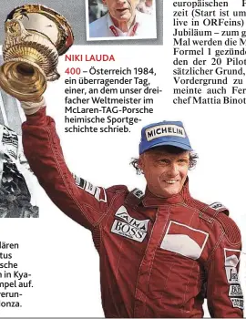  ??  ?? N NIKI LAUDA 400 – Österreich 1984, ein überragend­er Tag, einer, an dem unser dreifacher Weltmeiste­r im McLaren- TAG- Porsche heimische Sportgesch­ichte schrieb.