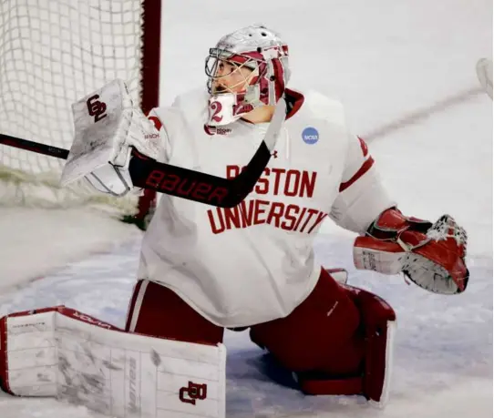  ?? ANDY CLAYTON-KING/ASSOCIATED PRESS ?? Mathieu Caron, a 24-year-old junior, has started all 39 games for Boston University since transferri­ng in from Brown.