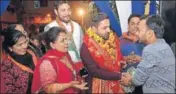  ??  ?? BJP candidate Himanshu Sharma during a doortodoor campaign in Jalandhar on Saturday. PARDEEP PANDIT/HT