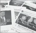  ?? JON ELSWICK/ASSOCIATED PRESS ?? Some of the Facebook and Instagram ads linked to a Russian effort to disrupt the American political process and stir up tensions around divisive social issues, released by members of the U.S. House Intelligen­ce committee, are photograph­ed in Washington, on Wednesday, Nov. 1, 2017.