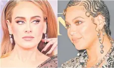  ?? — AFP photo ?? (Combo) This combinatio­n of file pictures created on November 15, 2022 shows British singer Adele (left) arriving for the BRIT Awards 2022 in London; and US singer Beyonce arrives for the world premiere of Disney’s ‘The Lion King’ in Hollywood, on July 9, 2019.