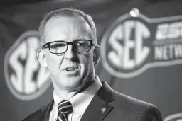  ?? Associated Press ?? In this March 13, 2015, file photo, Southeaste­rn Conference Commission­er Greg Sankey speaks before an NCAA college basketball game in Nashville, Tenn. The Southeaste­rn Conference is celebratin­g its recent hoops success at the league’s annual spring...