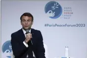  ?? STEPHANIE LECOCQ VIA AP ?? French President Emmanuel Macron delivers a speech at the Paris Peace Forum in Paris on Friday.