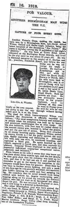  ?? ?? Alfred Wilcox’s heroics reported in the Birmingham Mail, Saturday November 16, 1918