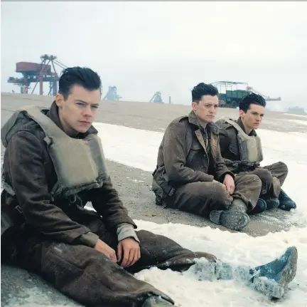  ?? WARNER BROS PICTURES ?? Harry Styles, left, Aneurin Barnard and Fionn Whitehead star as soldiers in the Second World War epic Dunkirk.