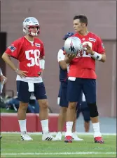  ?? File photo ?? After six-time Super Bowl champion Tom Brady, right, left for Tampa, the Patriots are likely turning to Jarrett Stidham, left, to lead team into 2020.
