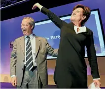  ?? REUTERS ?? Diane James acknowledg­es outgoing Ukip leader Nigel Farage after her election as the party’s new leader.