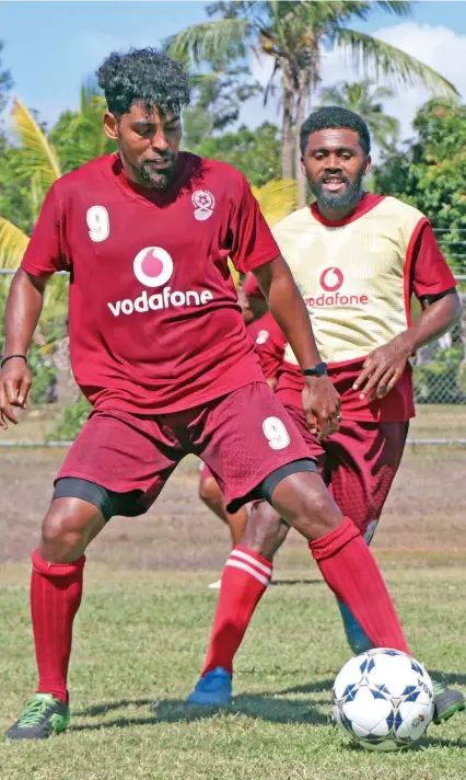  ??  ?? Team captain Roy Krishna (left) and Setareki Hughes train with the national squad members at the Fiji FA Academy in Ba on August 25, 2020.
Photo: Fiji FA Media