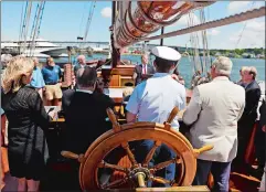  ?? SEAN D. ELLIOT THE DAY ?? Officials with the Connecticu­t Maritime Heritage Festival gather Monday on the deck of the schooner Mystic Whaler on Monday to announce plans for this year’s festival, scheduled Sept. 5-9.