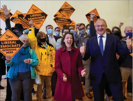  ??  ?? Liberal Democrat leader Sir Ed Davey and new MP for Chesham and Amersham Sarah Green during a victory rally at Chesham Youth Centre