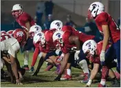  ??  ?? Everyone on the offensive line also starts on the defensive line as well for the undefeated Strathmore High School football team. Strathmore plays Saturday in the 6-AA state championsh­ip.