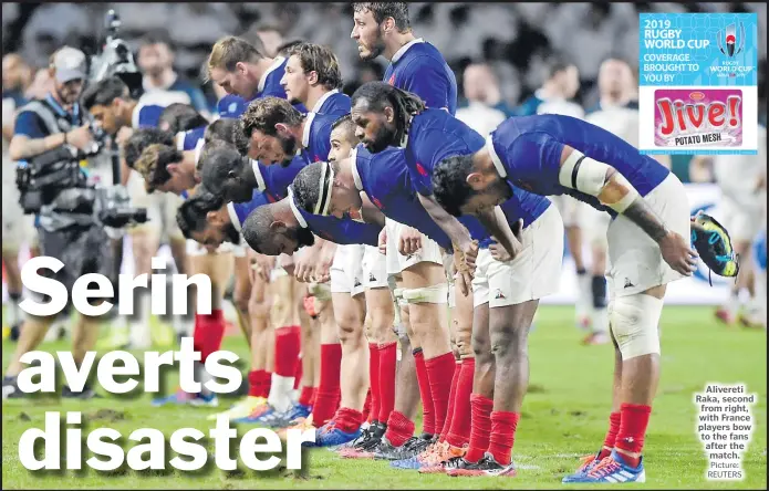  ?? Picture: REUTERS ?? Alivereti Raka, second from right, with France players bow to the fans after the match.