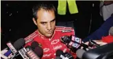  ??  ?? Da sinistra i soccorsi, la vettura di Juan Pablo Montoya distrutta, il pilota, 36 anni, illeso dopo l’incidente (Reuters)