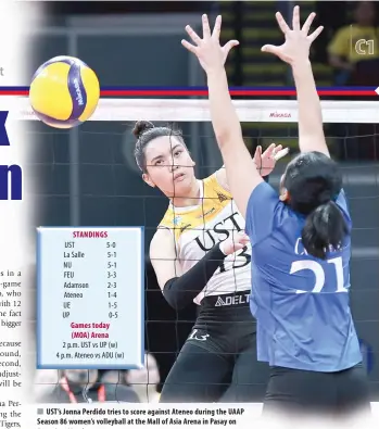  ?? PHOTO BY RIO DELUVIO ?? UST’s Jonna Perdido tries to score against Ateneo during the UAAP Season 86 women’s volleyball at the Mall of Asia Arena in Pasay on Saturday, March 9, 2024.