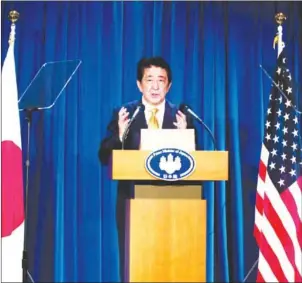  ?? JIM WATSON/AFP ?? Japanese Prime Minister Shinzo Abe speaks during a news conference on the sidelines of the United Nations General Assembly in New York on Wednesday.