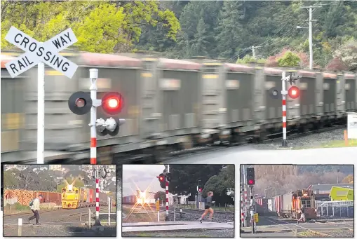  ?? PHOTOS: STEPHEN JAQUIERY AND JORDY CLEAVER ?? Danger signs . . . A Dunedin photograph­er, Jordy Cleaver, captures images of pedestrian­s walking in front of approachin­g trains, prompting a warning from KiwiRail for people to be alert to the dangers.