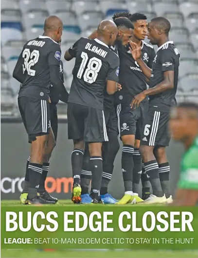  ?? Picture: Backpagepi­x ?? ICE-BREAKER. Orlando Pirates’ Fortune Makaringe celebrates with team-mates after scoring the only goal in their DStv Premiershi­p match against Bloemfonte­in Celtic at Orlando Stadium yesterday.