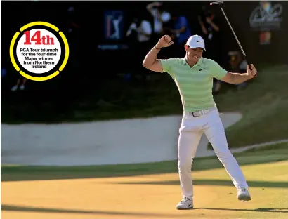 ?? — AFP ?? PGA tour triumph for the four-time Major winner from Northern Ireland Rory McIlroy of Northern Ireland celebrates after winning the Arnold Palmer Invitation­al.