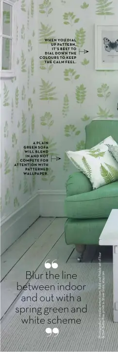  ??  ?? WHEN YOU DIAL UP PATTERN IT’S BEST TO DIAL DOWN THE COLOURS TO KEEP THE CALM FEEL A PLAIN GREEN SOFA WILL BLEND IN AND NOT COMPETE FOR ATTENTION WITH PATTERNED WALLPAPER