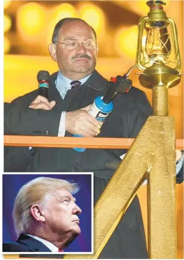  ?? COREY SIPKIN / DAILY NEWS ?? Allen Weisselber­g lights menorah in 2004. The top financial officer for Trump Organizati­on has been granted immunity by probers looking into payments to Karen McDougal (top inset) from President Trump’s former lawyer Michael Cohen (inset bottom). Just a day ago, Trump pal and National Enquirer boss David Pecker (inset middel) also got an immunity deal.