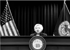  ??  ?? Yellen speaks during a news conference after the Fed releases its monetary policy decisions in Washington, US. Yellen told Congress this month that the central bank was not blind to the data showing inflation stubbornly below the central bank’s two per...