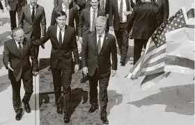  ?? Nir Elias / Associated Press ?? Israeli adviser Meir Ben-Shabbat, left, U.S. adviser Jared Kushner, center, and and U.S. national security adviser Robert O'Brien arrive in Abu Dhabi.