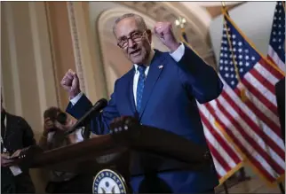  ?? J. SCOTT APPLEWHITE – THE ASSOCIATED PRESS ?? Senate Majority Leader Chuck Schumer, D-N.Y., speaks to reporters following a closed-door caucus June 22. Senate Democrats want to increase taxes on some high earners to help pay for Medicare.