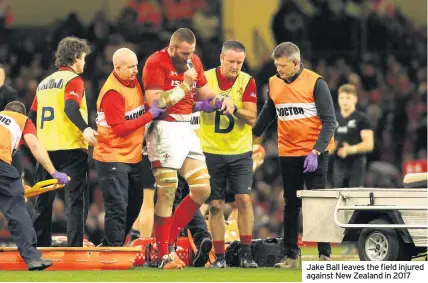  ??  ?? Jake Ball leaves the field injured against New Zealand in 2017