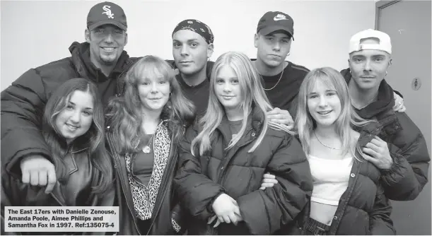  ?? ?? The East 17ers with Danielle Zenouse, Amanda Poole, Aimee Phillips and Samantha Fox in 1997. Ref:135075-4