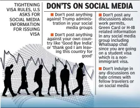  ??  ?? Don’t post anything against Trump administra­tion in your social media groups Don’t post anything against your own country like ‘Good Bye India’ or ‘thank god I am leaving this country for good’
Don’t post any discussion­s about work permits, Green Card...